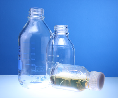 Laborflasche "Protect save", Kunststoffbeschichtet, vacuum- und druckfest