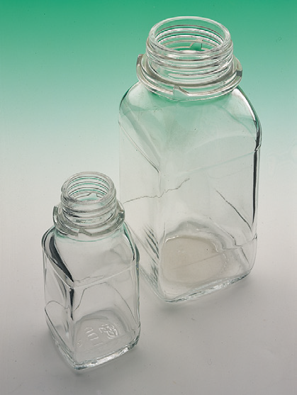 Weithals-Vierkantschraubflaschen, kurze Form, Klarglas