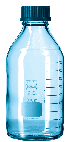 Laborflasche DURAN® Klar m. Teilung, m. Kappe u. Ausgießring PP blau, weiß beschr.