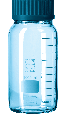 Laborflasche DURAN® Braun  m. Teilung, m. Kappe u. Ausgießring PP blau, weiß beschr.