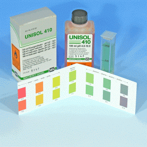 UNISOL-Indikatorlösung pH 4,0 – 10,0, 100 ml, Farbskala + Küvette