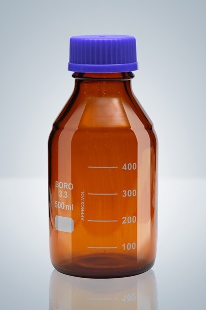 Laborflasche DURAN® Braun  m. Teilung, m. Kappe u. Ausgießring PP blau, weiß beschr.