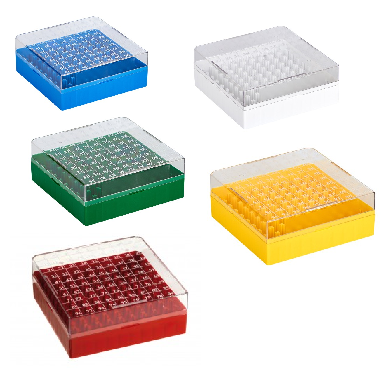Kryo-Boxen für Kryo-Röhrchen 1,2 - 2 ml, aus PC, Raster 10 x 10, Form 132 x 132 x 52 mm