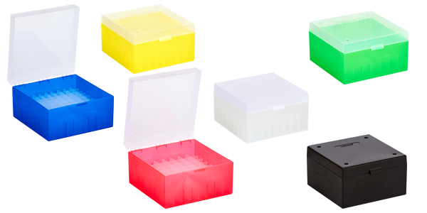 Kryo-Boxen für Kryo-Röhrchen 1,2 - 2 ml, aus PP, Raster 9 x 9, Form 133 x 133 x 52 mm