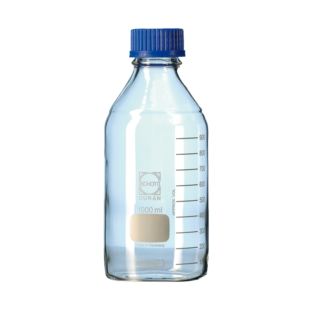 Laborflasche DURAN® Klar m. Teilung, m. Kappe u. Ausgießring PP blau, weiß beschr.