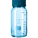 Laborflasche DURAN® Braun  m. Teilung, m. Kappe u. Ausgießring PP blau, weiß beschr.