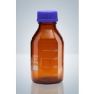 Laborflasche DURAN® Braun  m. Teilung, m. Kappe u. Ausgießring PP blau, weiß beschr.
