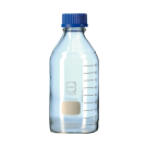 Laborflasche DURAN® Klar m. Teilung, m. Kappe u. Ausgießring PP blau, weiß beschr.